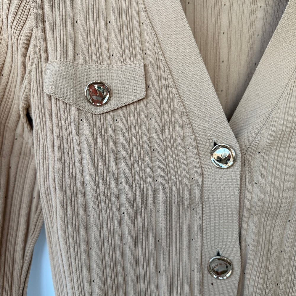 Sandro Tan Ribbed Button-Up Blazer Jacket - Picture 3 of 6